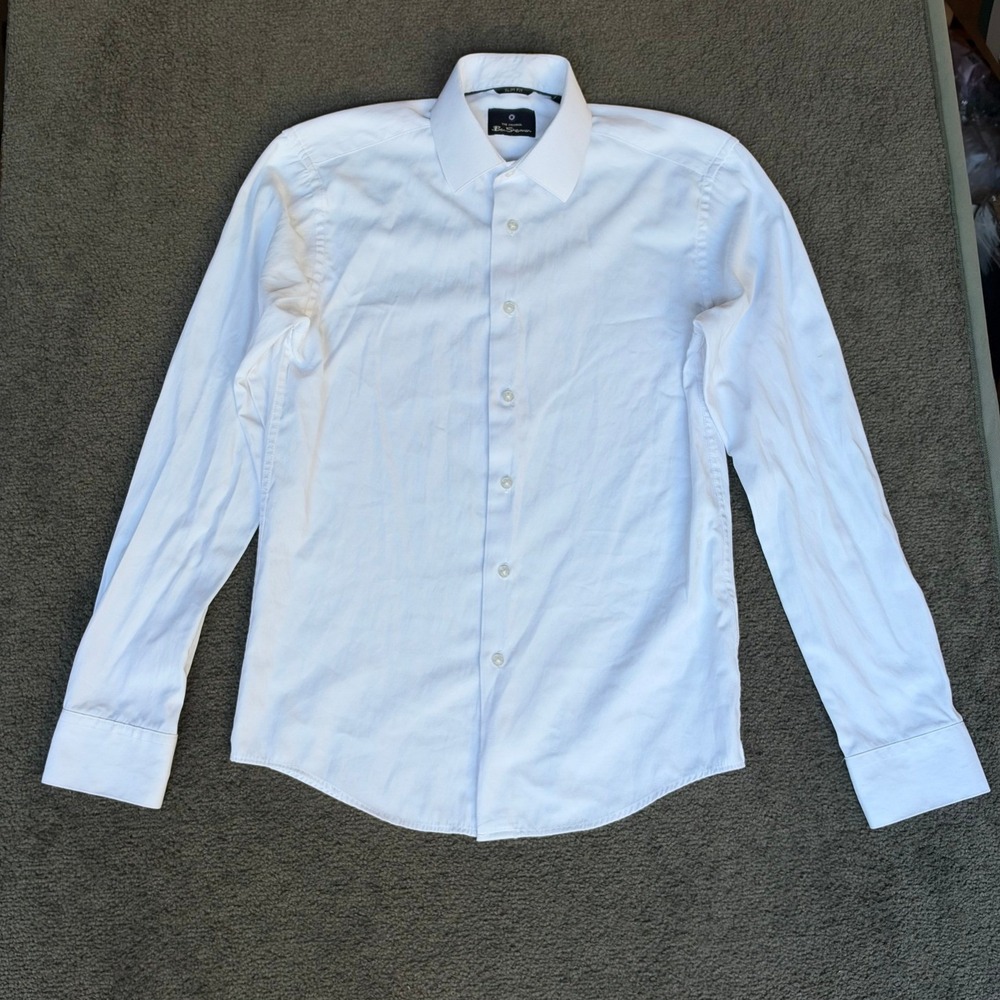 Ben Sherman Mens White Slim Fit Long Sleeve Button Up Dress Shirt Size S 14-14.5